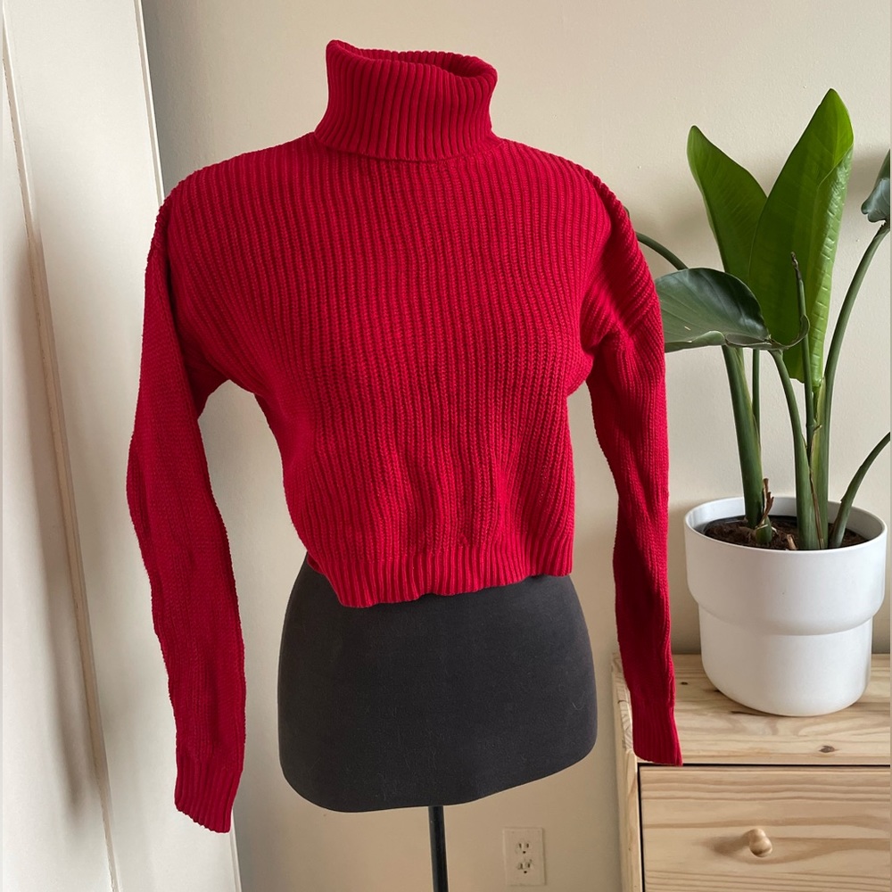 Forever 21 red turtleneck sweater cropped small cotton blend